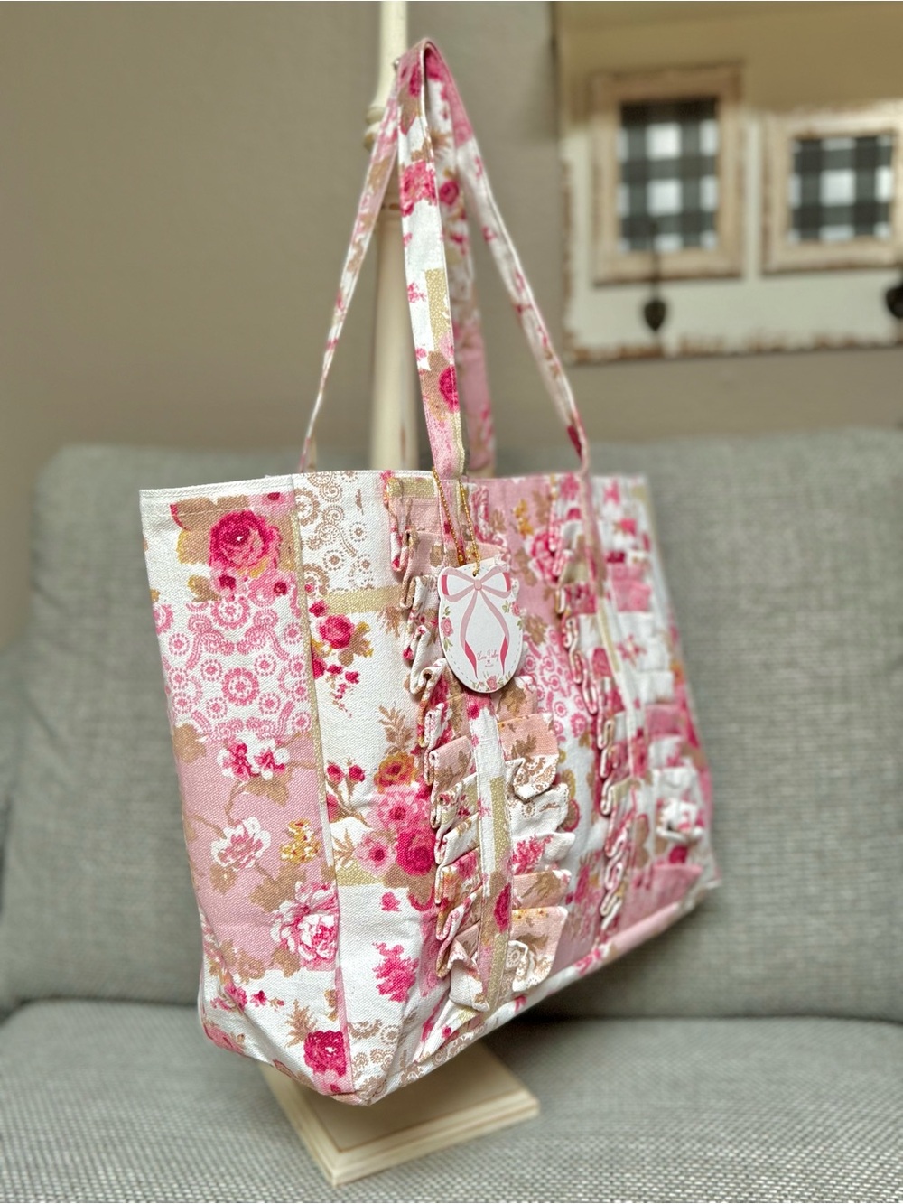 Ruffle 🌸 Floral Canvas Tote Bag Shoulder Bag Ivory Pink Brown Book sealed Bag - Picture 2 of 7